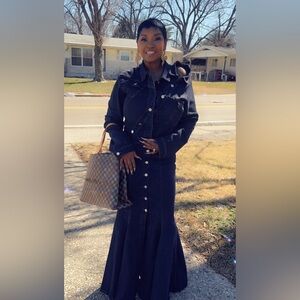 Dark Denim Button-Front Jacket & Skirt Set